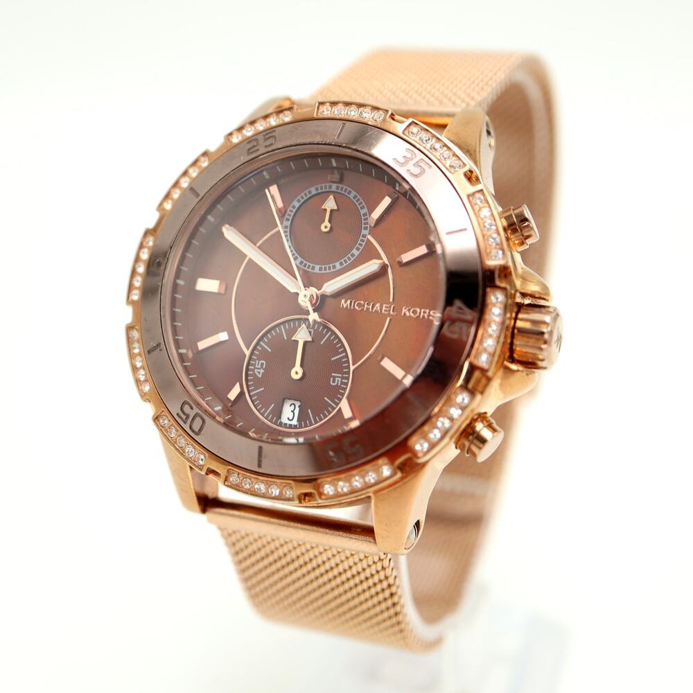 Michael Kors Rose Gold Tone 41mm Chronograph Watch Brown MOP MK5553 New Battery